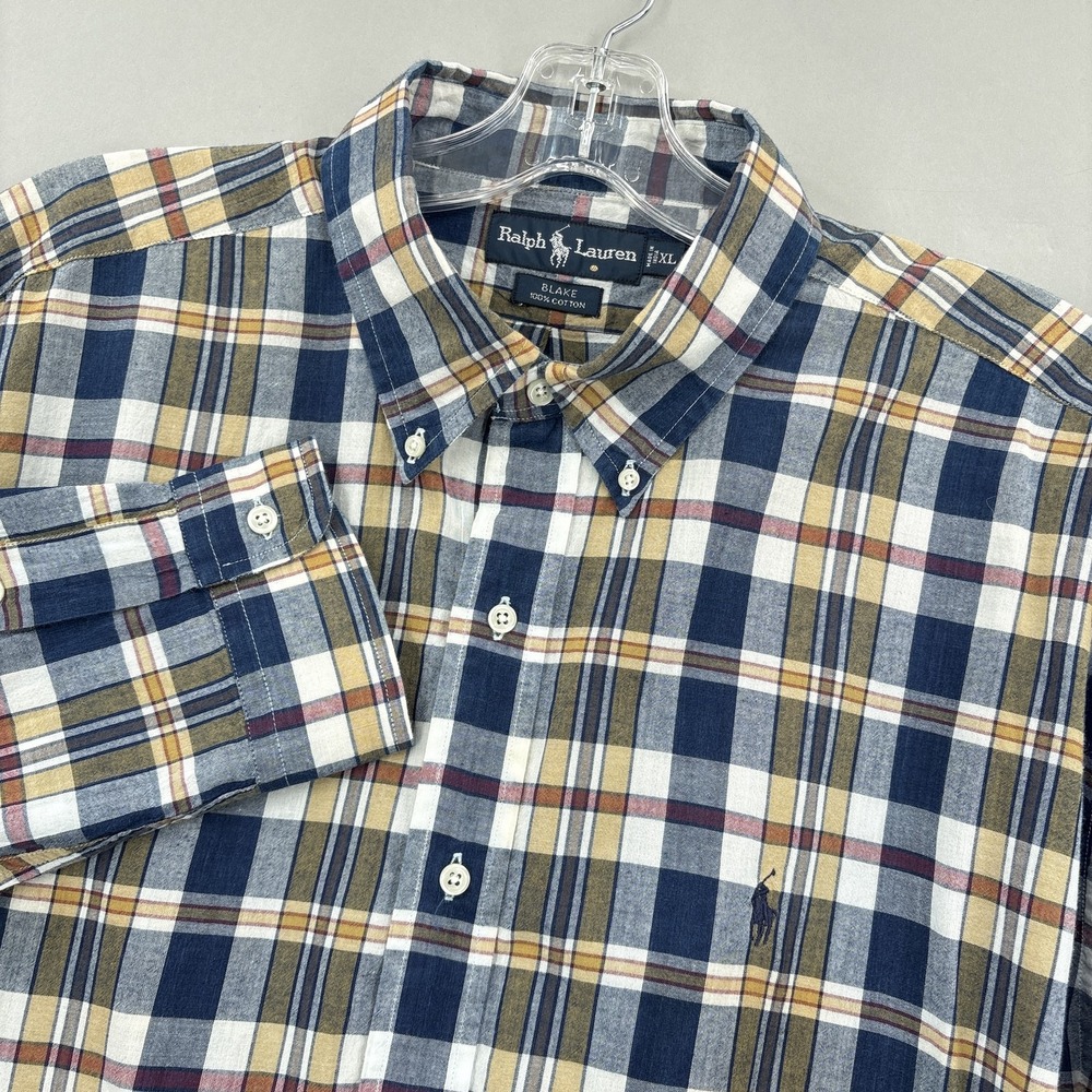 Ralph Lauren Shirt Mens XL Blue Madras Plaid Blake Cotton Button Down Vintage